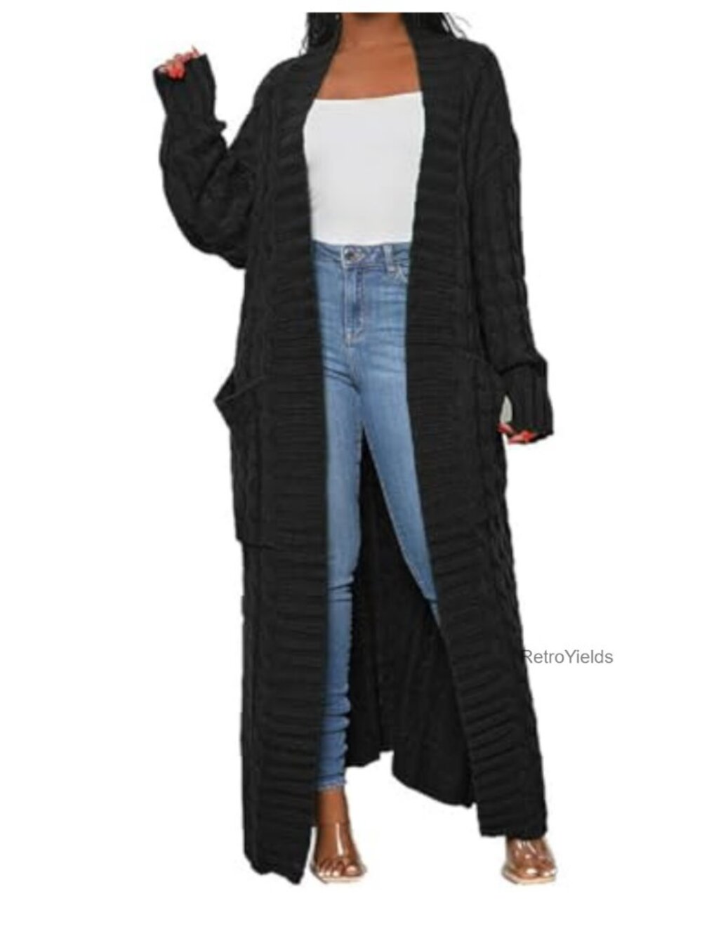 Womens Cable Knit Long Maxi Cardigan Open Front 2 Pockets Chunky Sweater